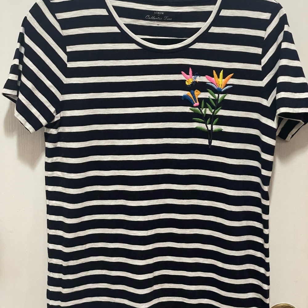 J. Crew Navy and White Striped  collector Tee with Colorful Floral Design